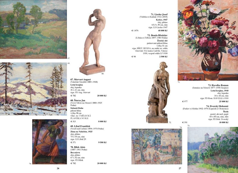 soklu věnování: Své matce Ludvík, Vánoce 1930, vespod soklu LP 1930 98 2 500 Kč 69. 68. 67. Mervart August (Valašské Meziříčí 1889 1968) Letní krajina olej, lepenka 36 x 41 cm, rám sign. PD Aug.
