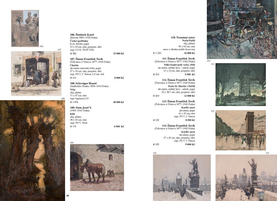 Šimon František Tavík (Železnice u Tišnova 1877 1942 Praha) Charita akvatinta (autorský tisk), papír 27 x 30 cm, rám, pasparta, sklo sign. PD T. F. Šimon, LD aut. tisk 313 8 000 Kč 108.