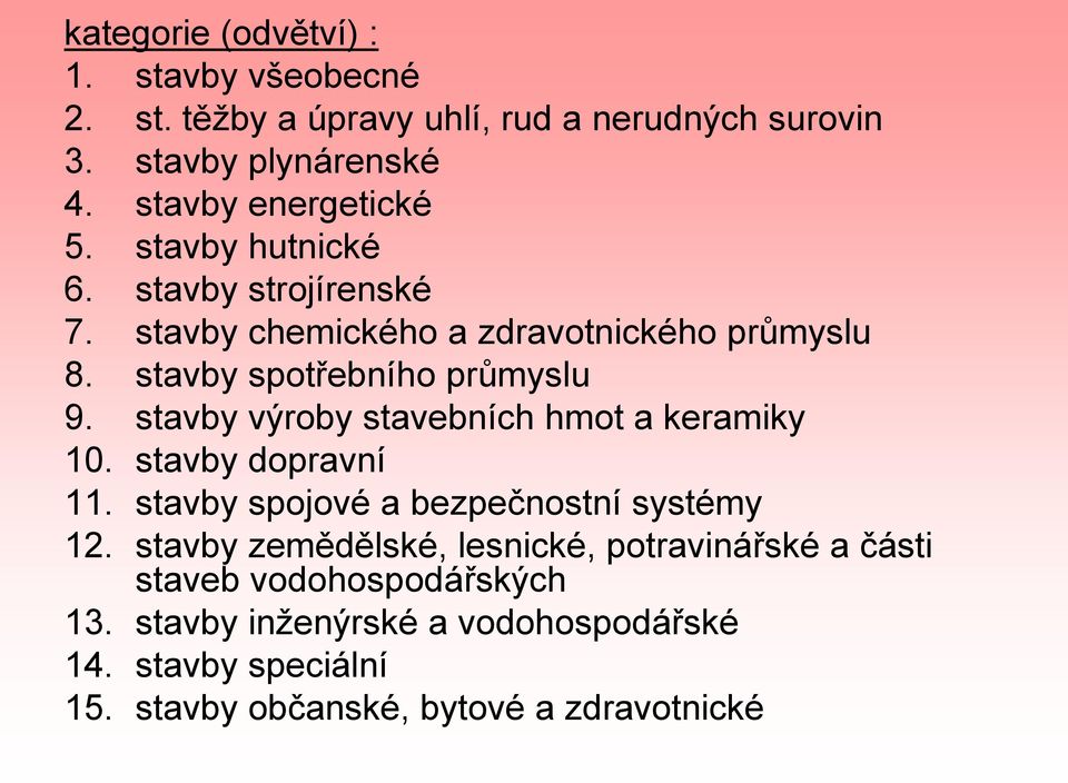 stavby spotřebního průmyslu 9. stavby výroby stavebních hmot a keramiky 10. stavby dopravní 11. stavby spojové a bezpečnostní systémy 12.