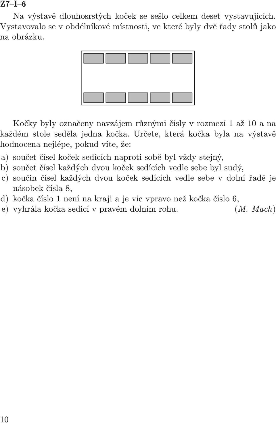 Kočkybylyoznačenynavzájemrůznýmičíslyvrozmezí1až10ana každém stole seděla jedna kočka.