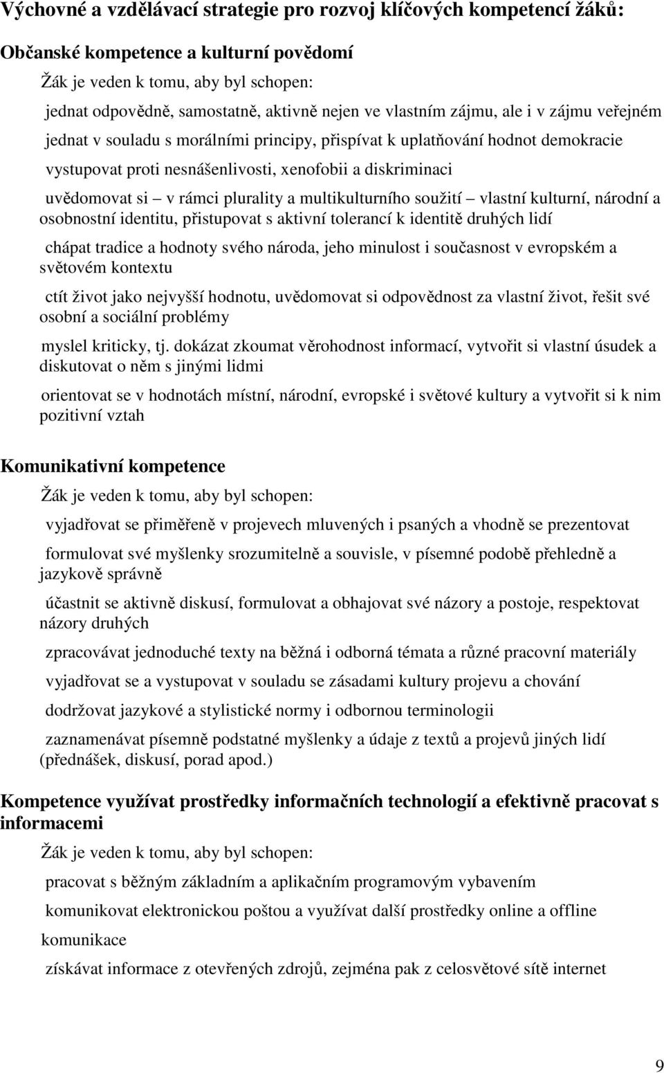 rámci plurality a multikulturního soužití vlastní kulturní, národní a osobnostní identitu, přistupovat s aktivní tolerancí k identitě druhých lidí chápat tradice a hodnoty svého národa, jeho minulost