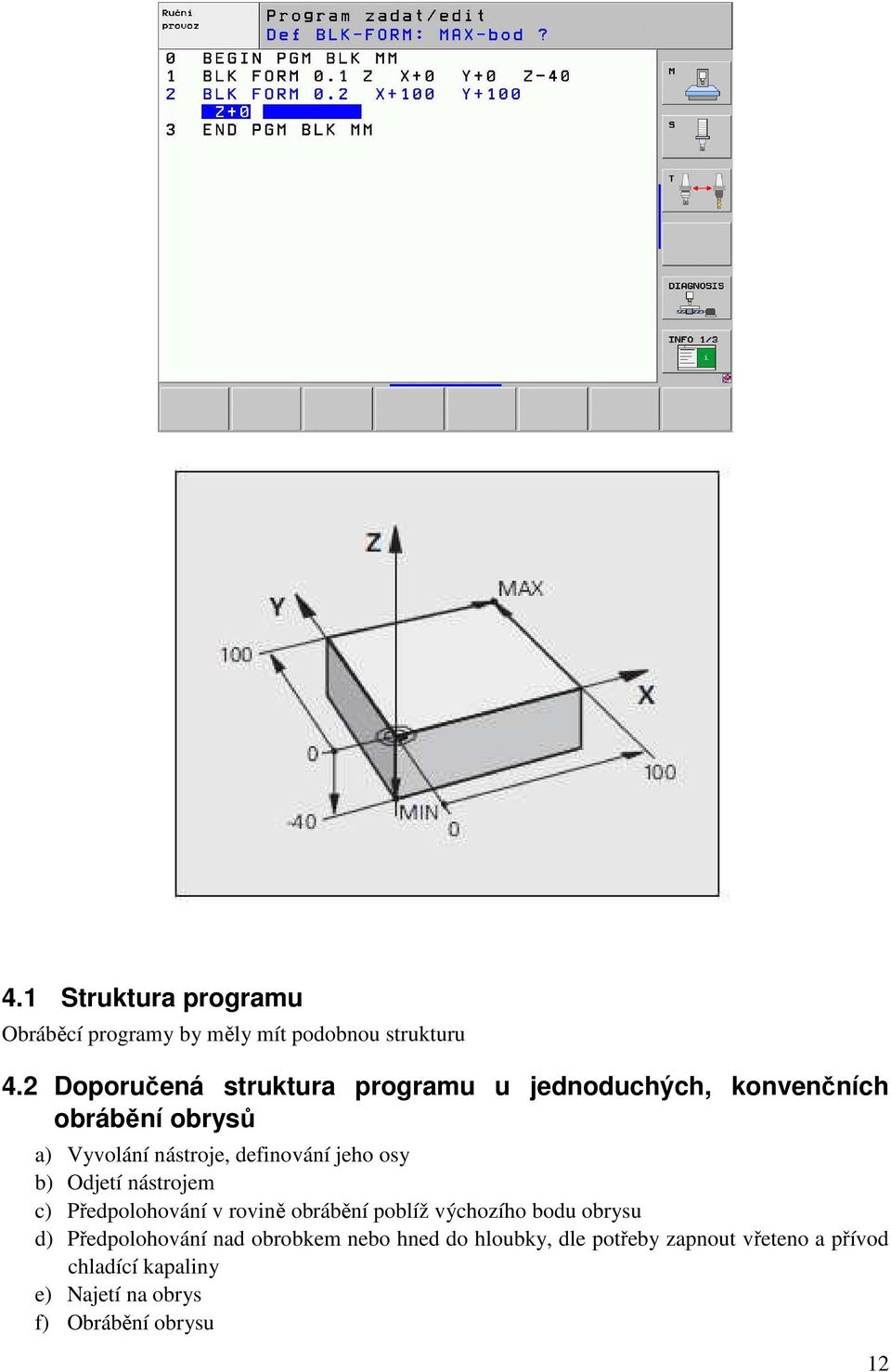 definování jeho osy b) Odjetí nástrojem c) Předpolohování v rovině obrábění poblíž výchozího bodu obrysu