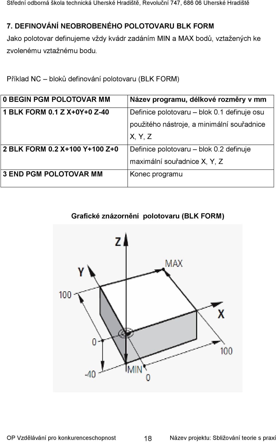 1 Z X+0Y+0 Z-40 Definice polotovaru blok 0.1 definuje osu použitého nástroje, a minimální souřadnice X, Y, Z 2 BLK FORM 0.