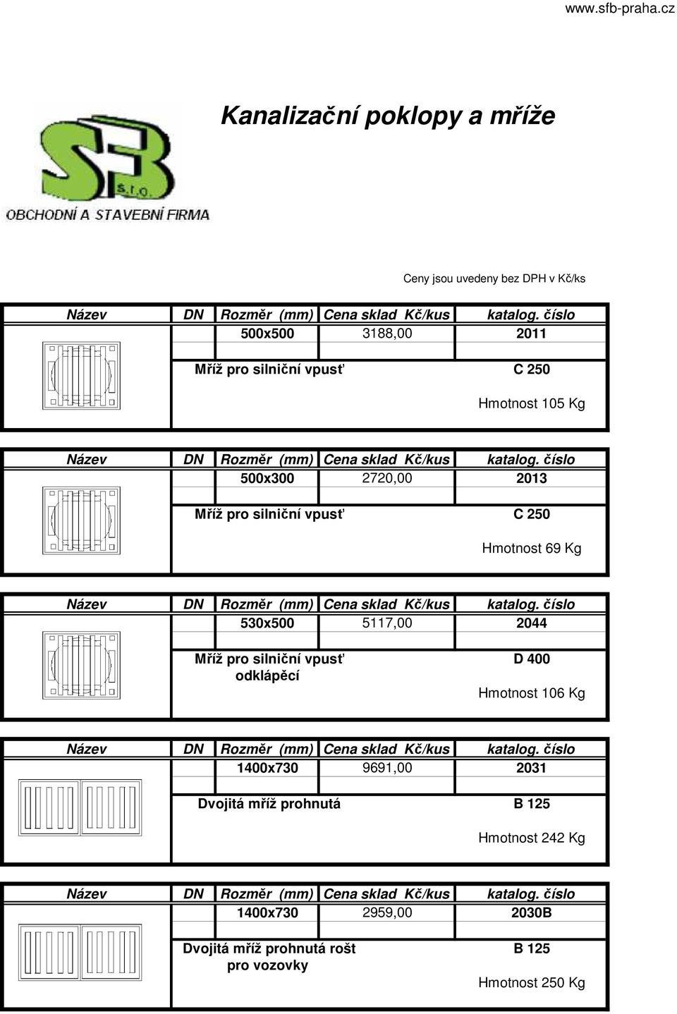 D 400 odklápěcí Hmotnost 106 Kg 1400x730 9691,00 2031 Dvojitá mříž prohnutá B 125