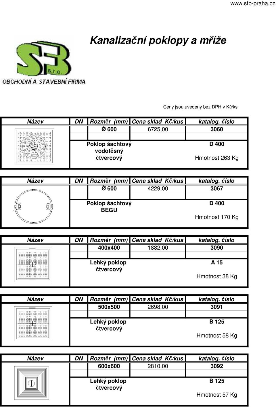 čtvercový Hmotnost 38 Kg 500x500 2698,00 3091 Lehký poklop B 125