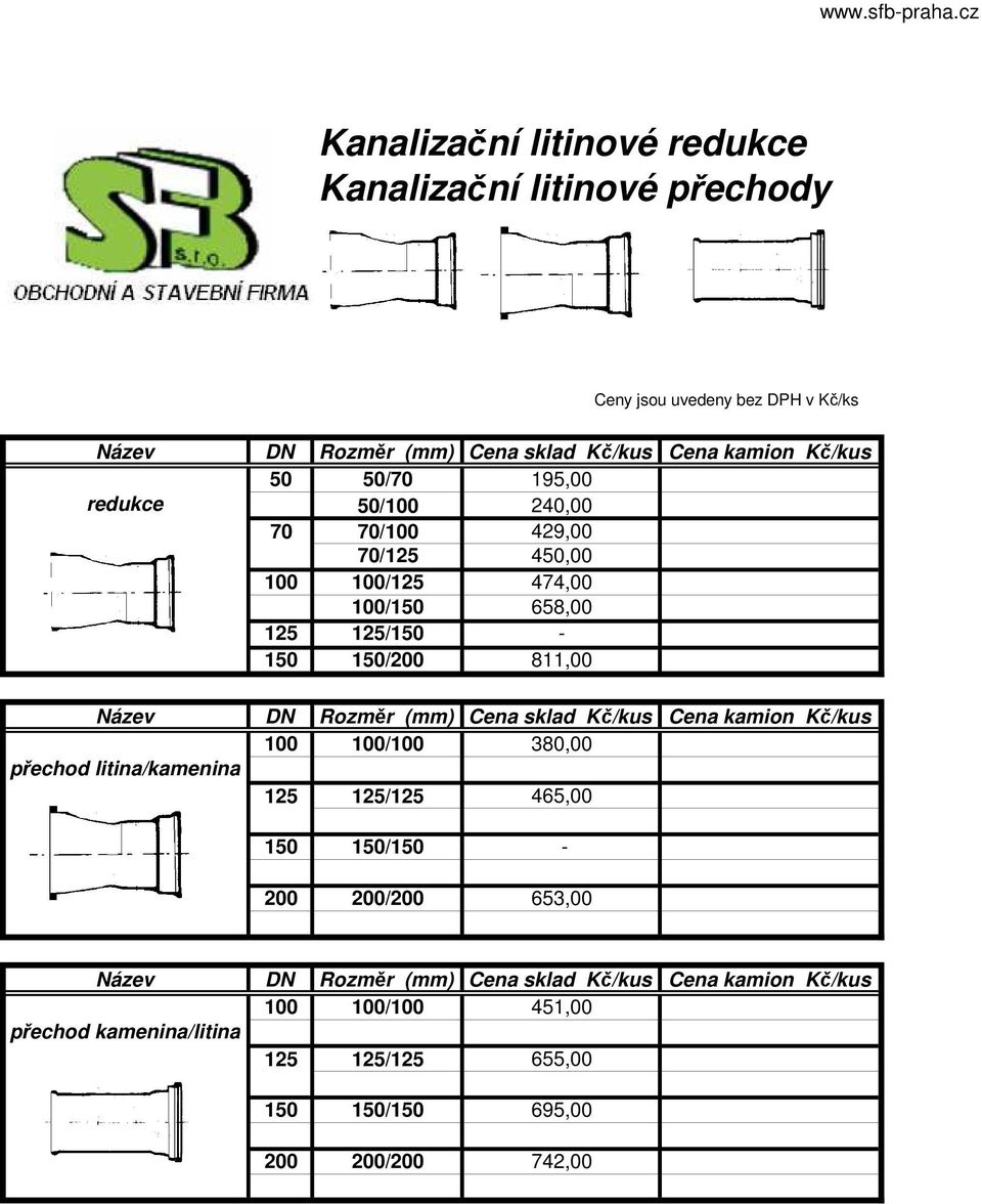 Cena sklad Kč/kus Cena kamion Kč/kus 100 100/100 380,00 přechod litina/kamenina 125 125/125 465,00 150 150/150-200 200/200 653,00 Název DN