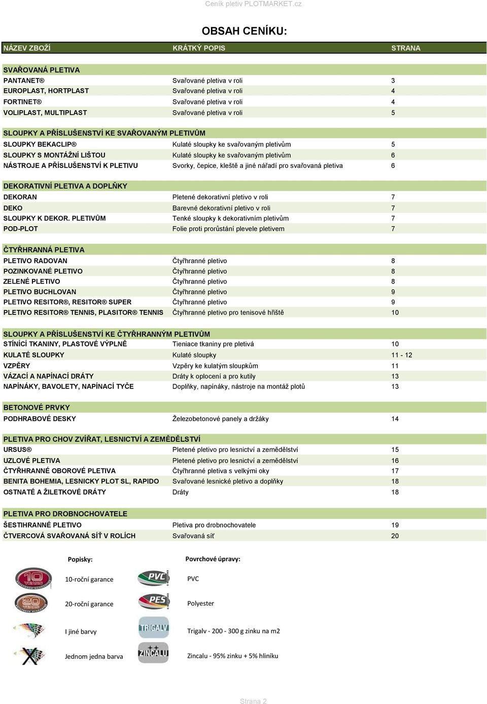 pletivům 6 NÁSTROJE A PŘÍSLUŠENSTVÍ K PLETIVU Svorky, čepice, kleště a jiné nářadí pro svařovaná pletiva 6 DEKORATIVNÍ PLETIVA A DOPLŇKY DEKORAN Pletené dekorativní pletivo v roli 7 DEKO Barevné