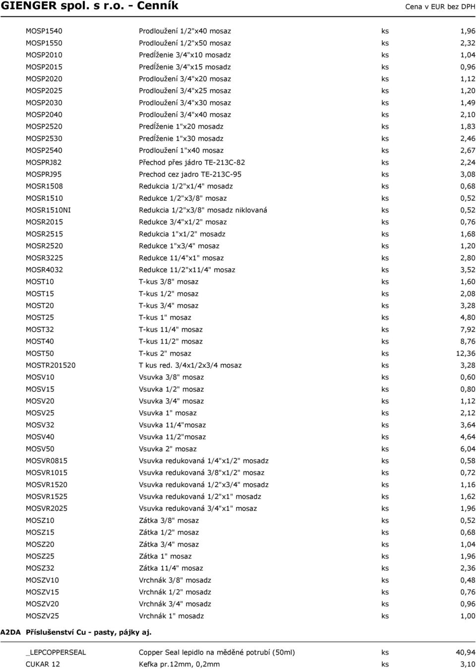 MOSP2530 Predĺženie 1"x30 mosadz ks 2,46 MOSP2540 Prodloužení 1"x40 mosaz ks 2,67 MOSPRJ82 Přechod přes jádro TE-213C-82 ks 2,24 MOSPRJ95 Prechod cez jadro TE-213C-95 ks 3,08 MOSR1508 Redukcia