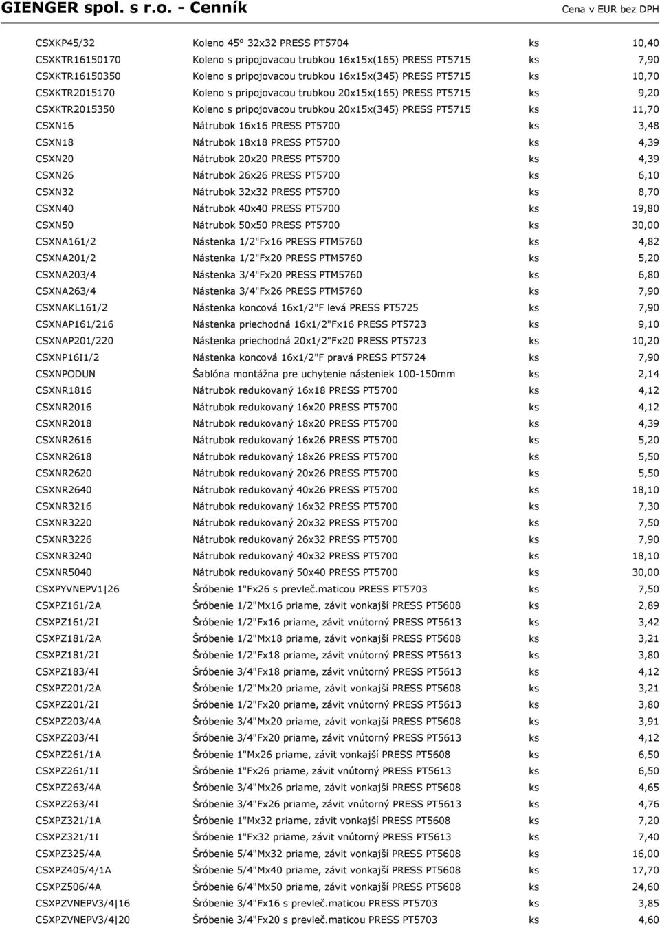 3,48 CSXN18 Nátrubok 18x18 PRESS PT5700 ks 4,39 CSXN20 Nátrubok 20x20 PRESS PT5700 ks 4,39 CSXN26 Nátrubok 26x26 PRESS PT5700 ks 6,10 CSXN32 Nátrubok 32x32 PRESS PT5700 ks 8,70 CSXN40 Nátrubok 40x40