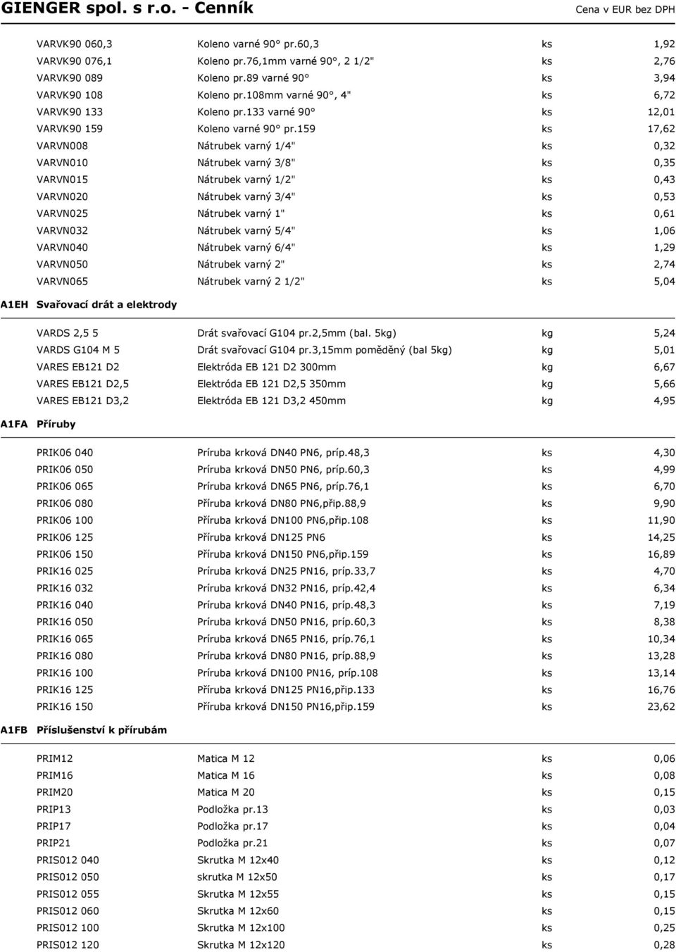 159 ks 17,62 VARVN008 Nátrubek varný 1/4" ks 0,32 VARVN010 Nátrubek varný 3/8" ks 0,35 VARVN015 Nátrubek varný 1/2" ks 0,43 VARVN020 Nátrubek varný 3/4" ks 0,53 VARVN025 Nátrubek varný 1" ks 0,61