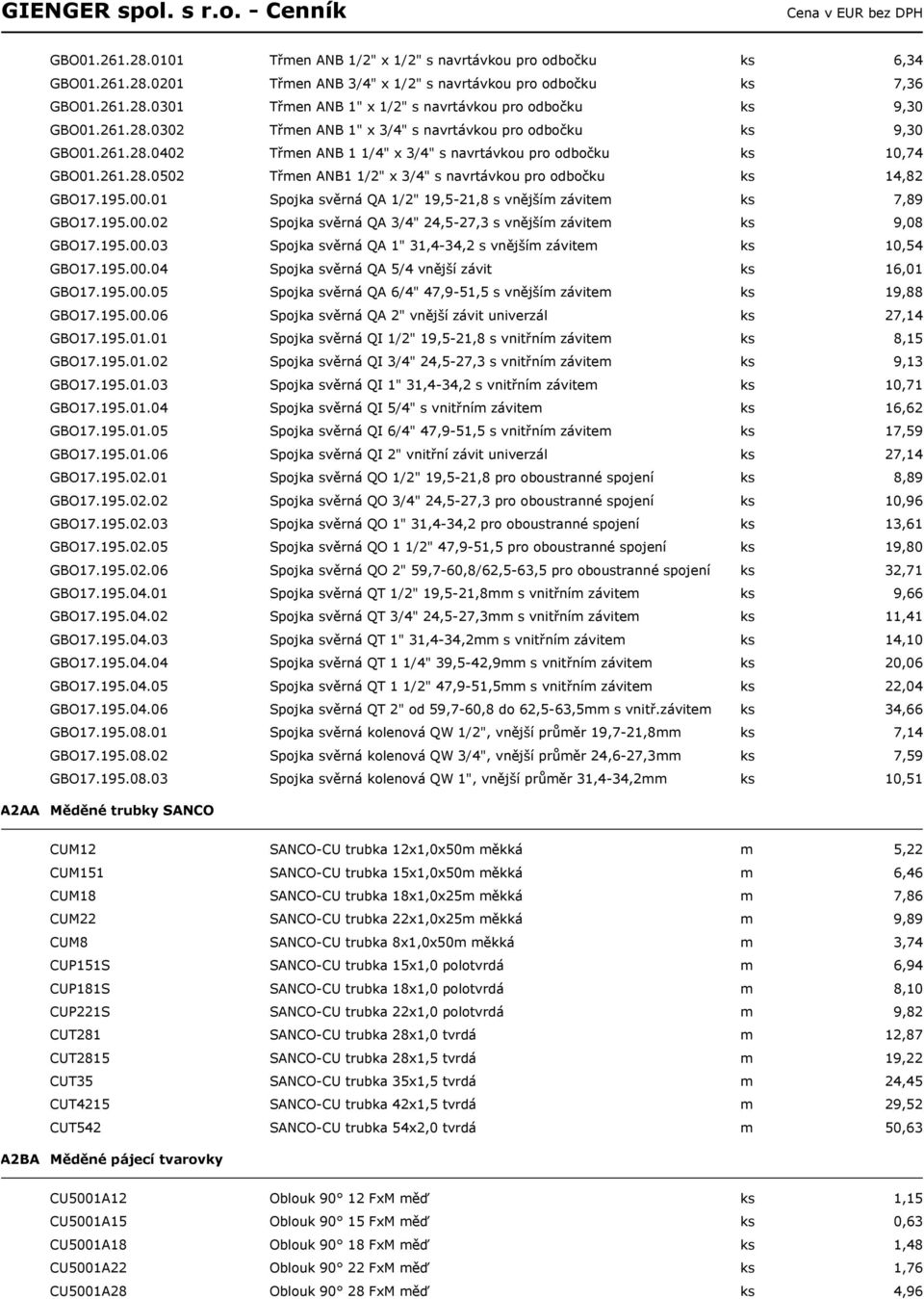 195.00.01 Spojka svěrná QA 1/2" 19,5-21,8 s vnějším závitem ks 7,89 GBO17.195.00.02 Spojka svěrná QA 3/4" 24,5-27,3 s vnějším závitem ks 9,08 GBO17.195.00.03 Spojka svěrná QA 1" 31,4-34,2 s vnějším závitem ks 10,54 GBO17.