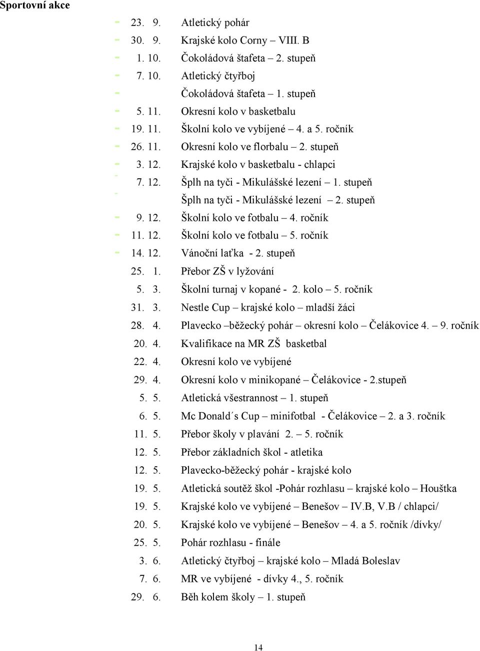 stupeň - Šplh na tyči - Mikulášské lezení 2. stupeň - 9. 12. Školní kolo ve fotbalu 4. ročník - 11. 12. Školní kolo ve fotbalu 5. ročník - 14. 12. Vánoční laťka - 2. stupeň 25. 1. Přebor ZŠ v lyžování 5.