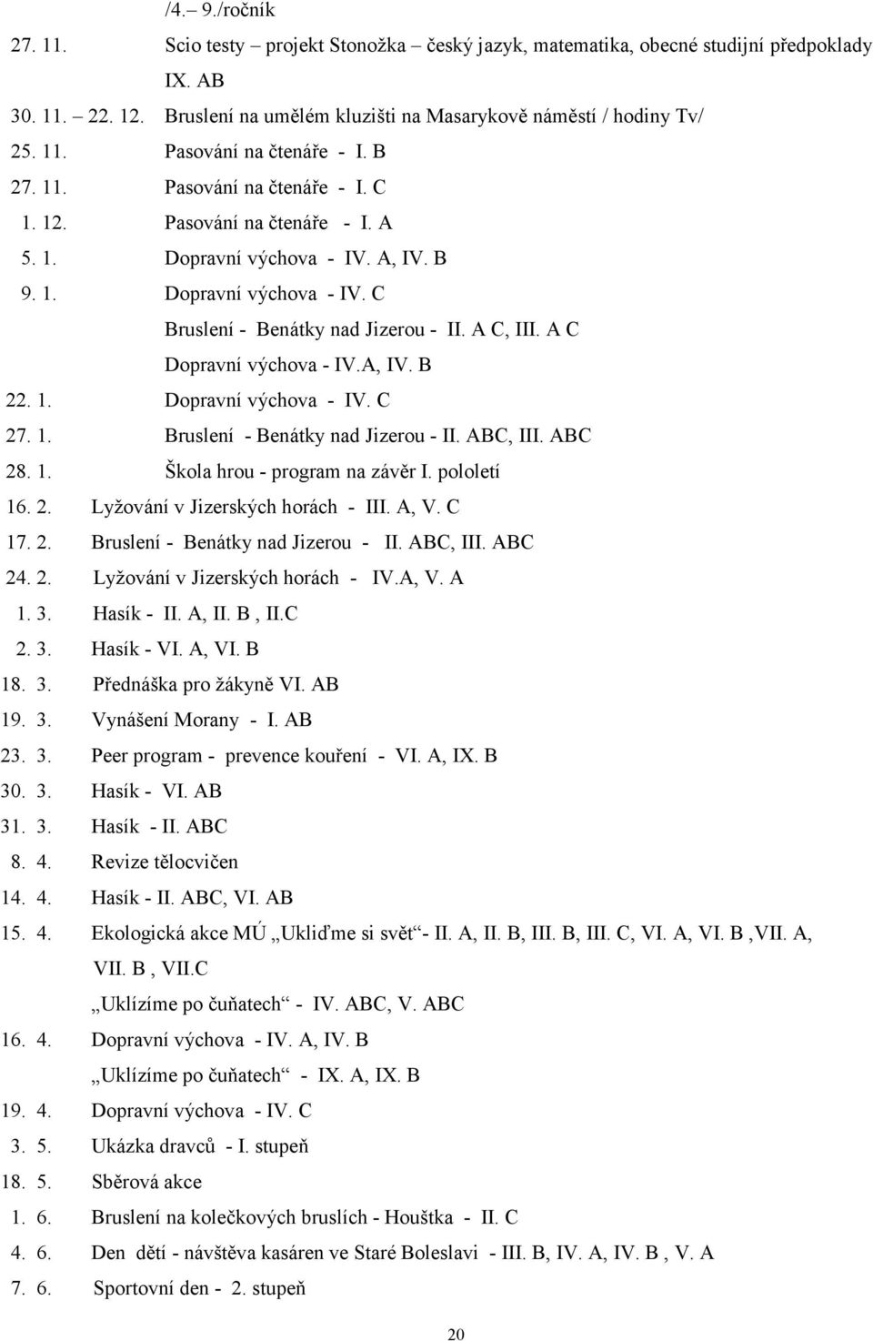 A C Dopravní výchova - IV.A, IV. B 22. 1. Dopravní výchova - IV. C 27. 1. Bruslení - Benátky nad Jizerou - II. ABC, III. ABC 28. 1. Škola hrou - program na závěr I. pololetí 16. 2. Lyžování v Jizerských horách - III.