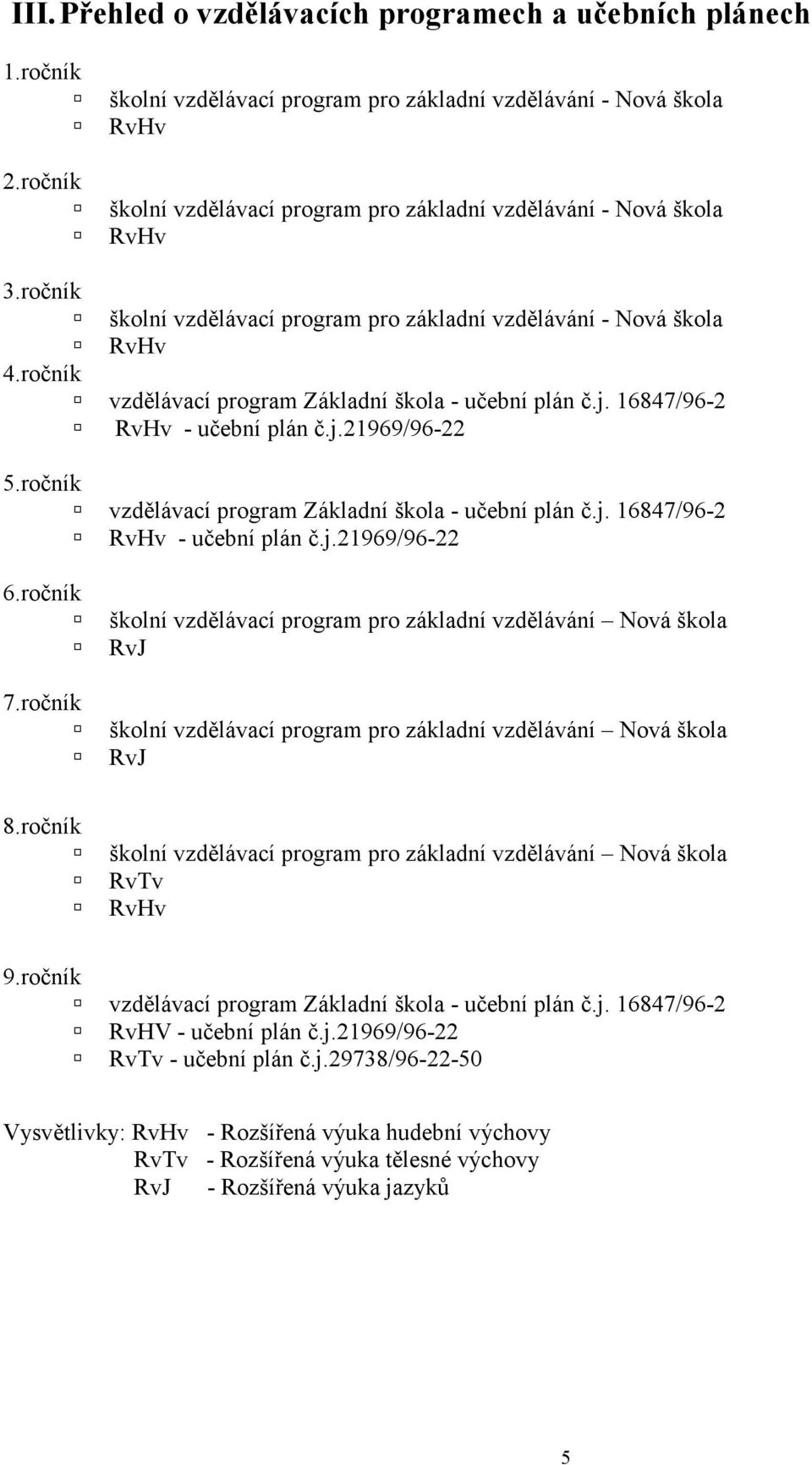 ročník školní vzdělávací program pro základní vzdělávání - Nová škola RvHv 4.ročník vzdělávací program Základní škola - učební plán č.j. 16847/96-2 RvHv - učební plán č.j.21969/96-22 5.