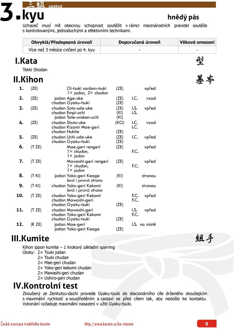 chudan Shuto-uke (KO) I.C. vzad chudan Kizami Mae-geri I.C. chudan Nukite 5. chudan Uchi-ude-uke I.C. vpřed 6. (T ZE) Mae-geri rengeri vpřed 1 chudan, 7. (T ZE) Mawashi-geri rengeri vpřed 1 chudan, 8.