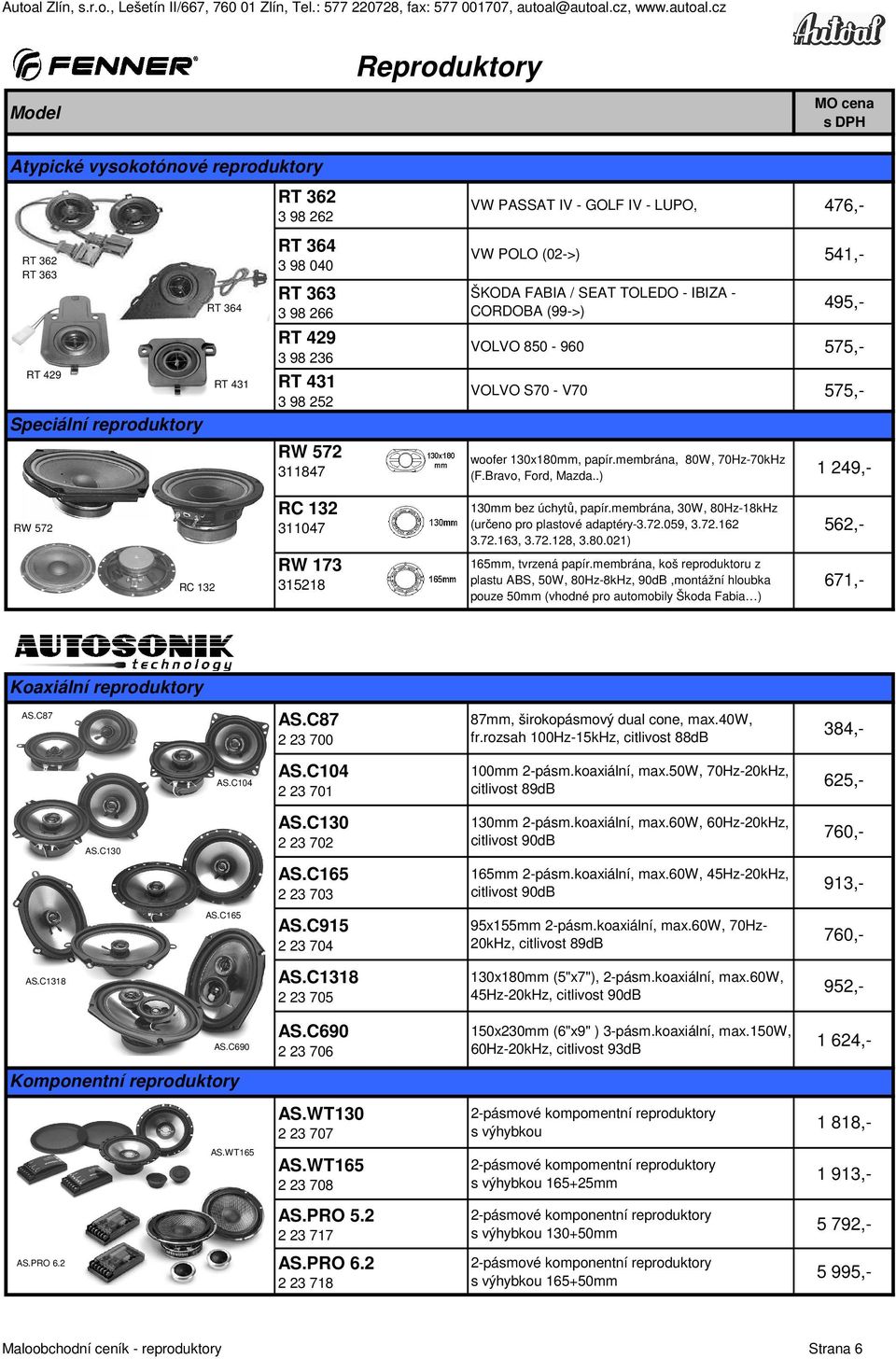 Bravo, Ford, Mazda..) 1 29,- RW 572 RC 132 31107 130mm bez úchytů, papír.membrána, 30W, 80Hz-18kHz (určeno pro plastové adaptéry-3.72.059, 3.72.162 3.72.163, 3.72.128, 3.80.021) 562,- RC 132 RW 173 315218 165mm, tvrzená papír.