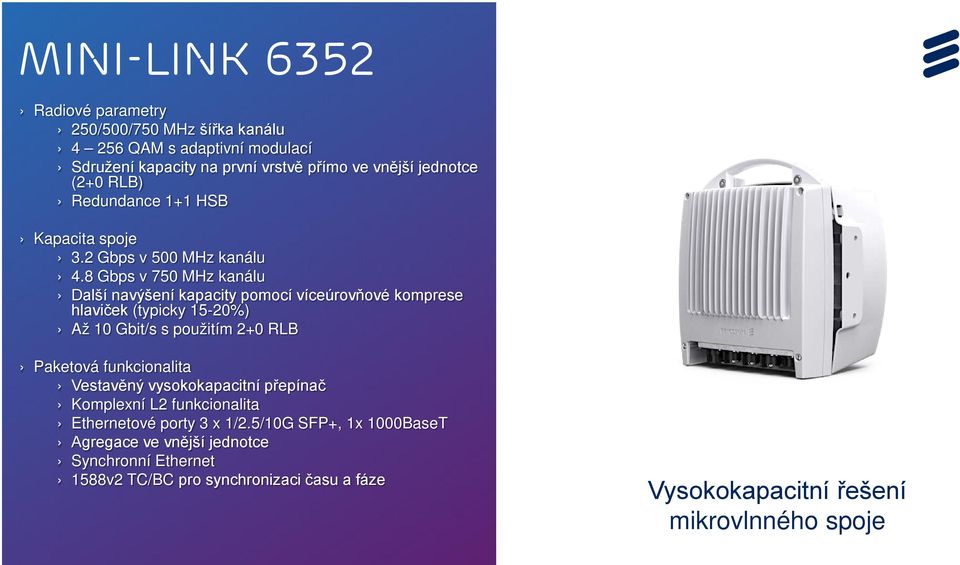 8 Gbps v 750 MHz kanálu Další navýšení kapacity pomocí víceúrovňové komprese hlaviček (typicky 15-20%) Až 10 Gbit/s s použitím 2+0 RLB Paketová funkcionalita Vestavěný