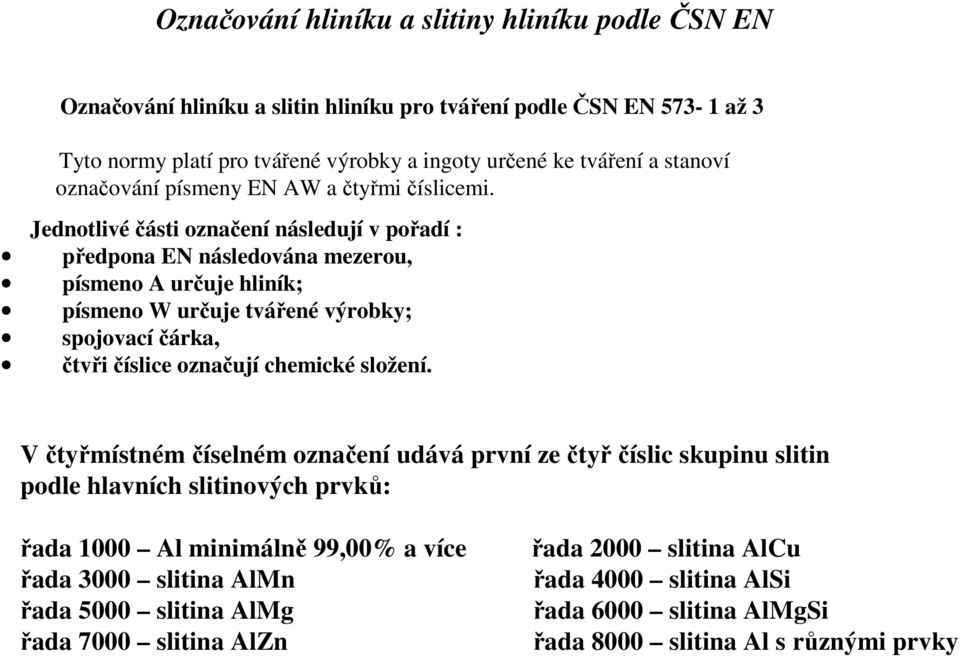 Jednotlivéčásti o následují v pořadí : předpona EN následována mezerou, písmeno A určuje hliník; písmeno W určuje tvářené výrobky; spojovacíčárka, čtyři číslice označují složení.