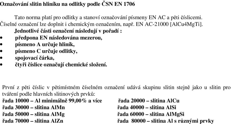 Jednotlivéčásti o následují v pořadí : předpona EN následována mezerou, písmeno A určuje hliník, písmeno C určuje odlitky, spojovacíčárka, čtyři číslice označují složení.