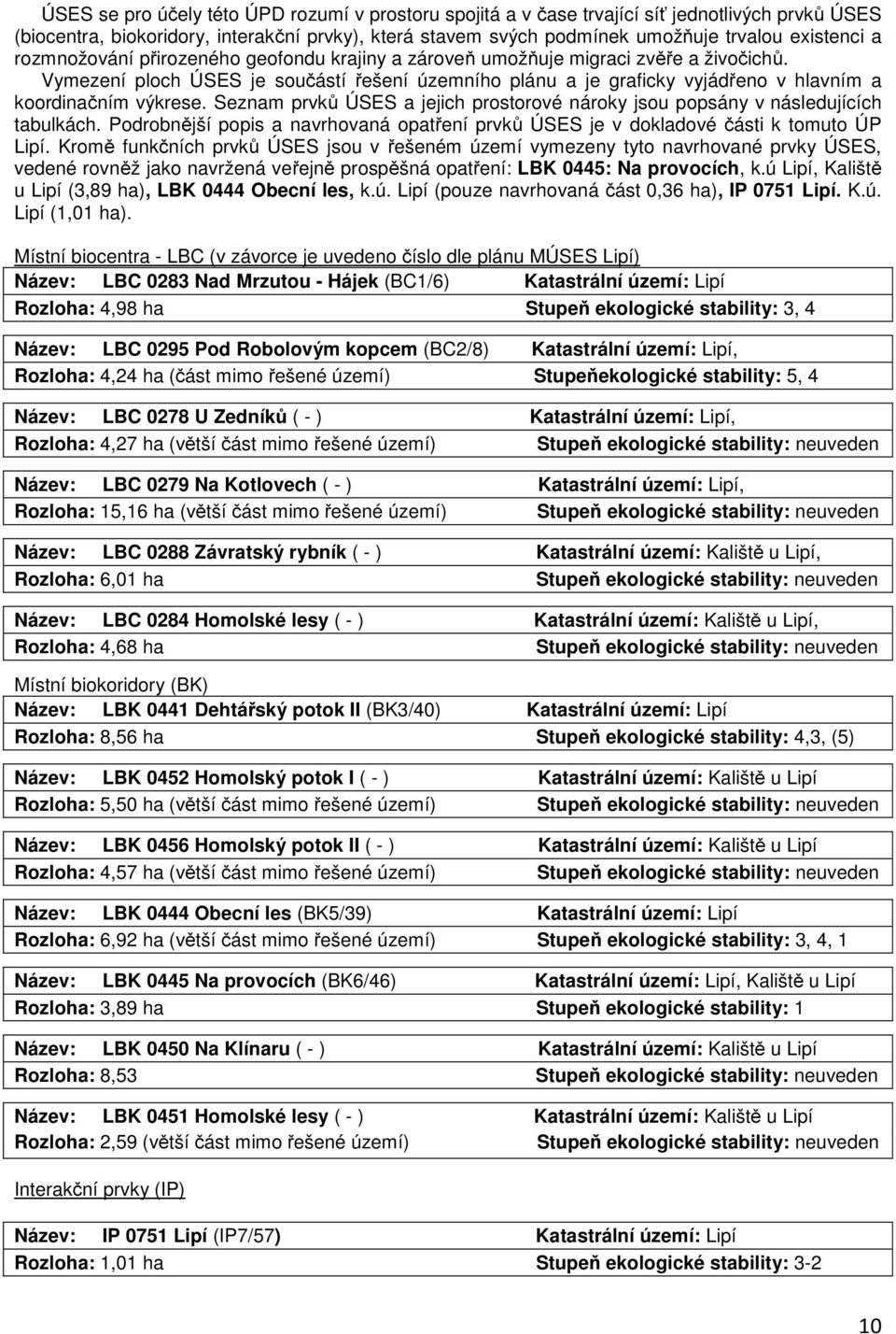 Seznam prvků ÚSES a jejich prostorové nároky jsou popsány v následujících tabulkách. Podrobnější popis a navrhovaná opatření prvků ÚSES je v dokladové části k tomuto ÚP Lipí.