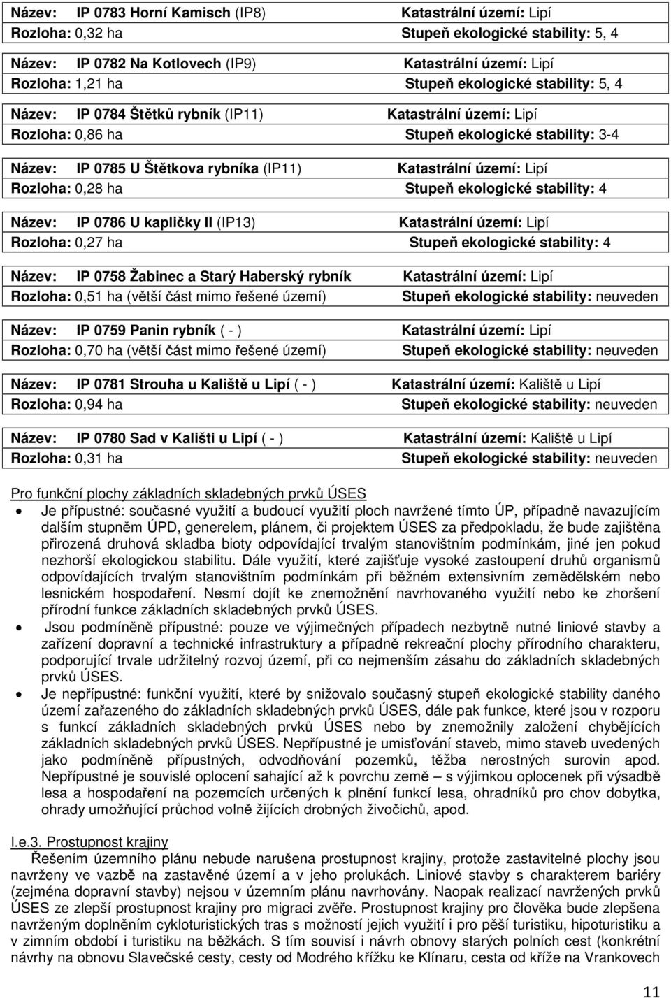 Lipí Rozloha: 0,28 ha Stupeň ekologické stability: 4 Název: IP 0786 U kapličky II (IP13) Katastrální území: Lipí Rozloha: 0,27 ha Stupeň ekologické stability: 4 Název: IP 0758 Žabinec a Starý