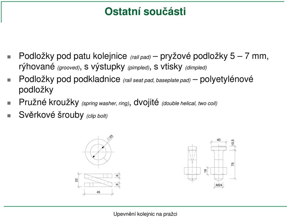 (rail seat pad, baseplate pad) polyetylénové podložky Pružné kroužky (spring washer,