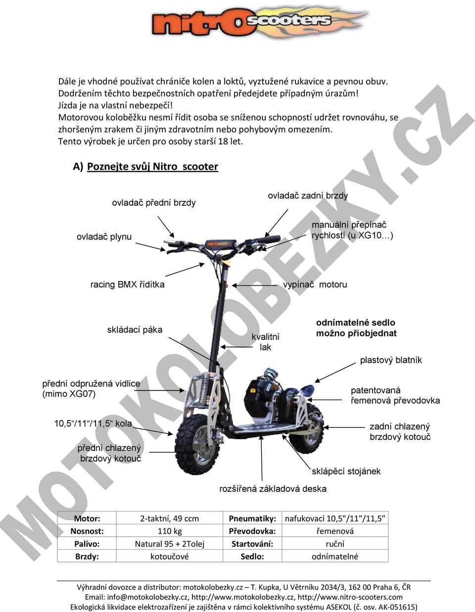 A) Poznejte svůj Nitro scooter ovladač plynu ovladač přední brzdy ovladač zadní brzdy manuální přepínač rychlostí (u XG10 ) racing BMX řídítka vypínač motoru skládací páka přední odpružená vidlice