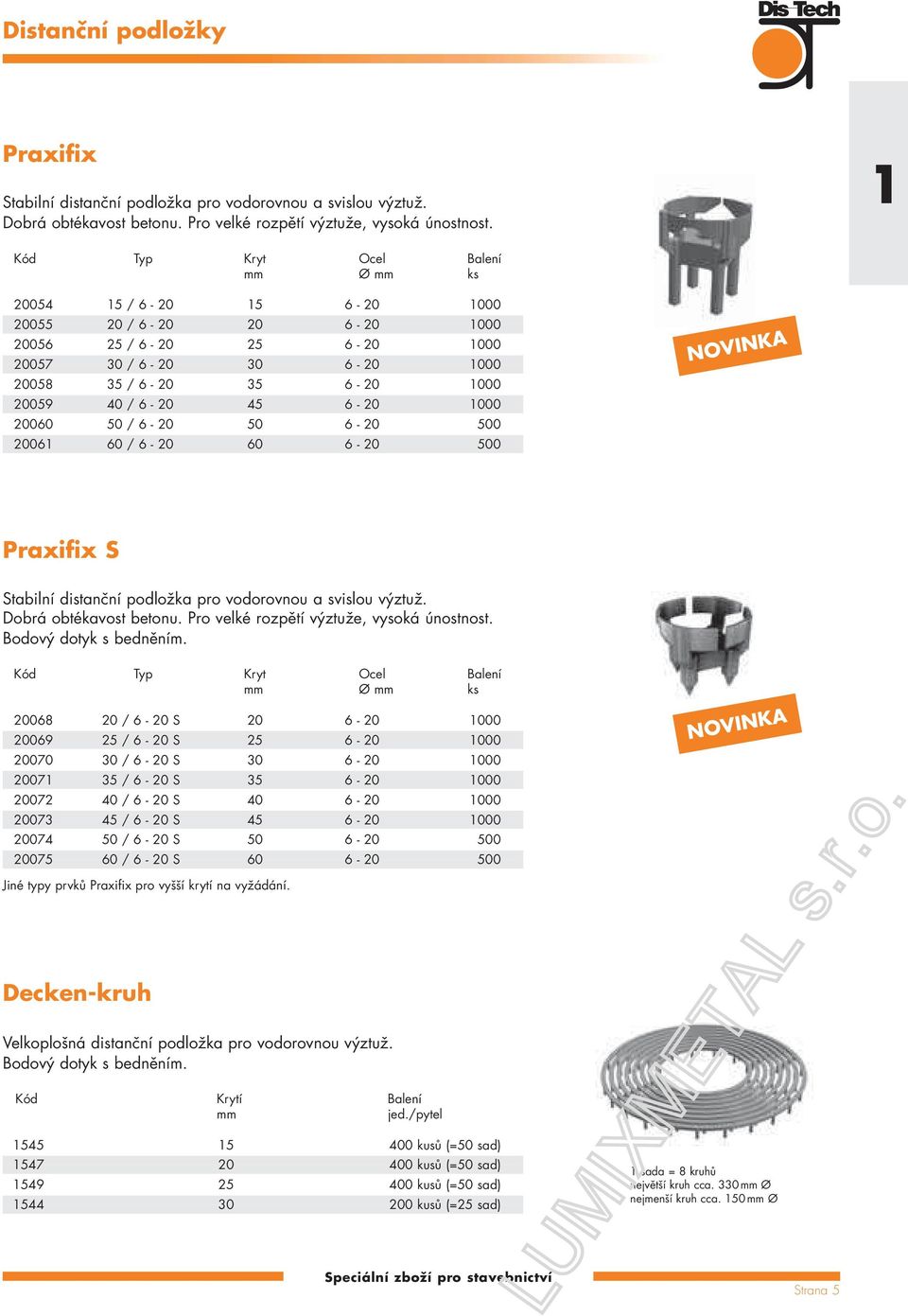 45 6-20 1000 20060 50 / 6-20 50 6-20 500 20061 60 / 6-20 60 6-20 500 NOVINKA Praxifix S Stabilní distanční podložka pro vodorovnou a svislou výztuž. Dobrá obtékavost betonu.
