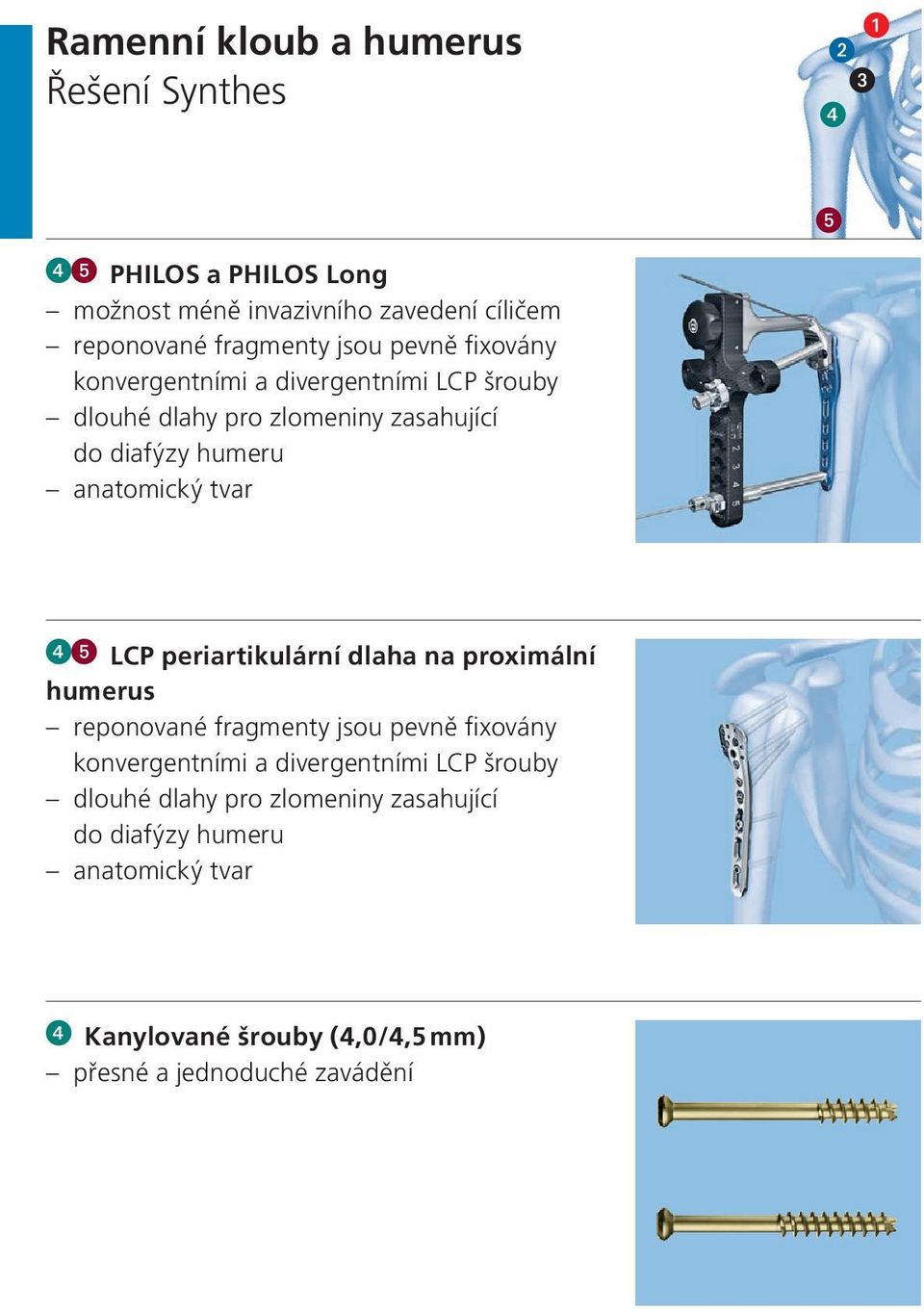 LCP periartikulární dlaha na proximální humerus reponované fragmenty jsou  Kanylované šrouby (4,0/4,5 mm) přesné a jednoduché