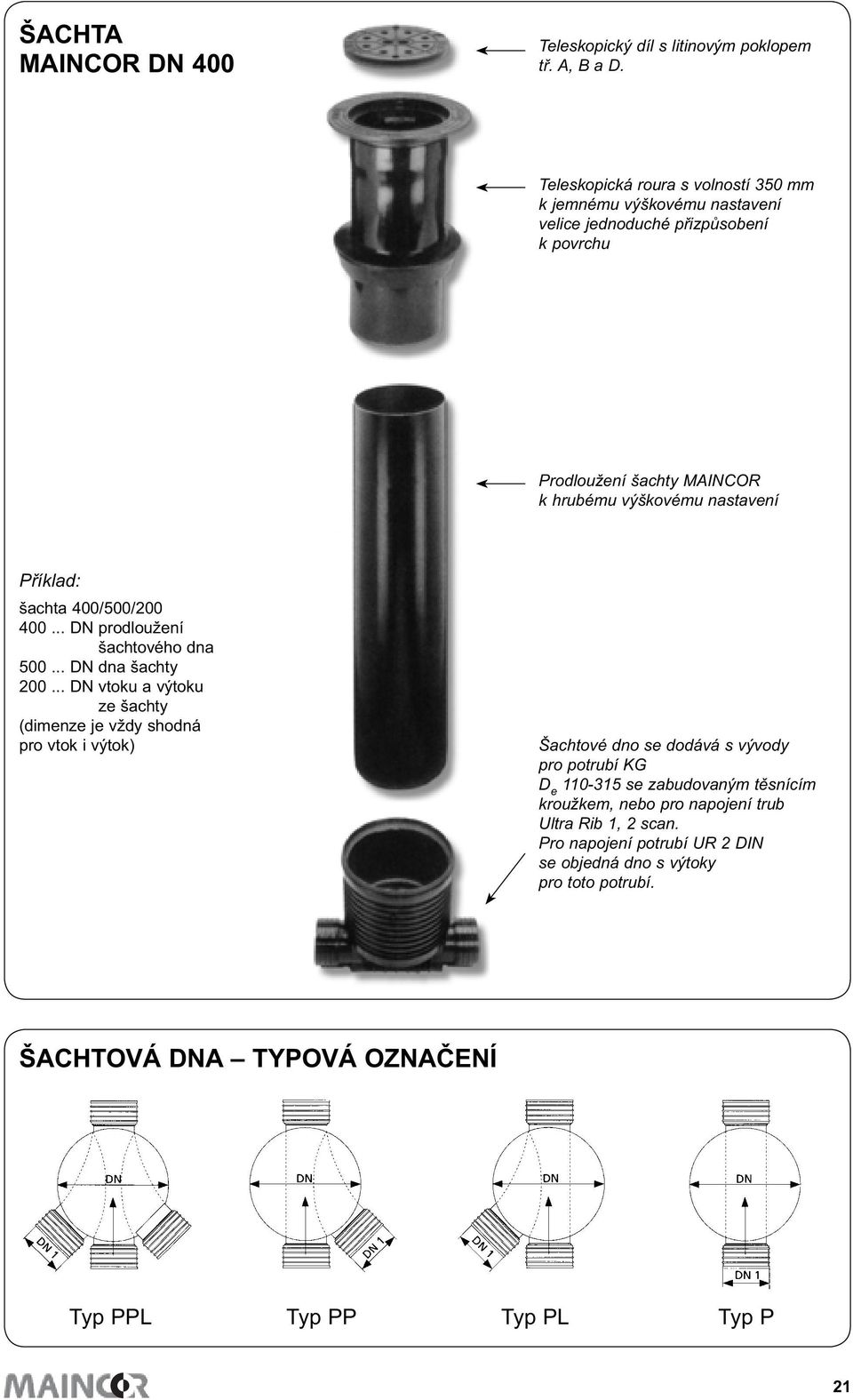 Příklad: šachta 400/500/200 400... DN prodloužení šachtového dna 500... DN dna šachty 200.