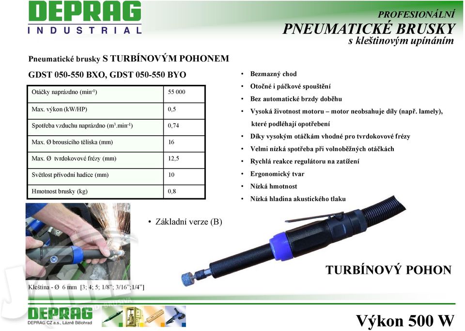 Ø tvrdokovové frézy (mm) 12,5 Světlost přívodní hadice (mm) 10 Hmotnost brusky (kg) 0,8 Otočné i páčkové spouštění Bez automatické brzdy doběhu Vysoká životnost motoru motor neobsahuje díly (např.