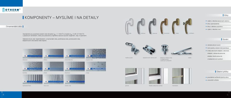 bílá stříbrná titanová bronzová zlatá s klíčkem Nabízené druhy skel: tepelněizolační, ornamentální skla, protihluková skla, protisluneční skla, bezpečnostní skla kalená nebo lepená.