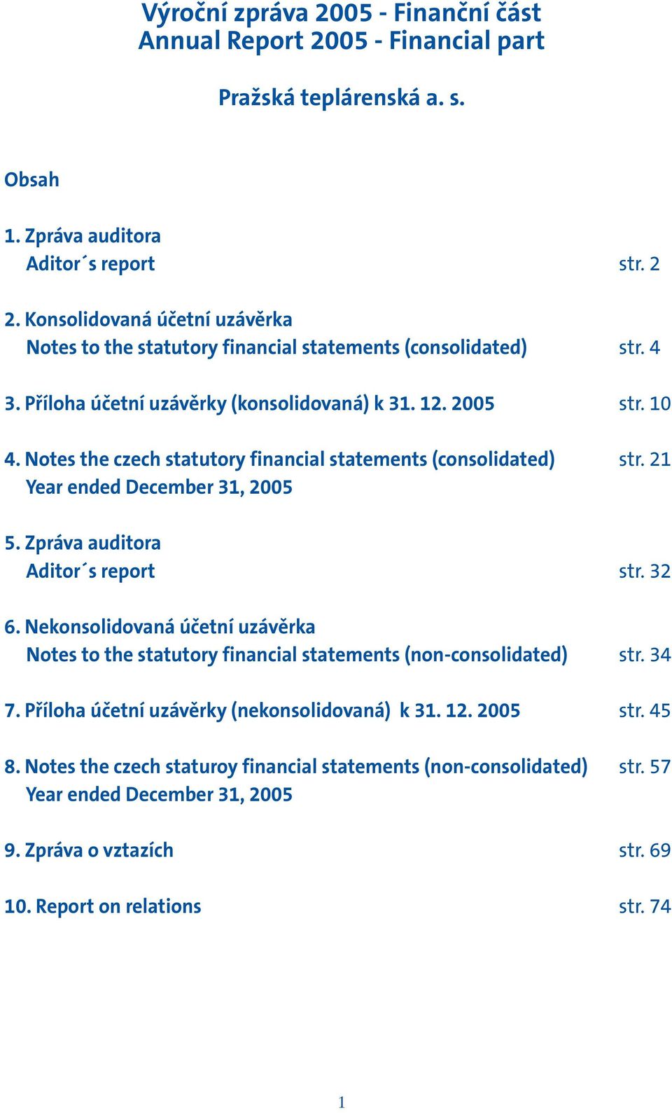 Notes the czech statutory financial statements (consolidated) str. 21 Year ended December 31, 2005 5. Zpráva auditora Aditor s report str. 32 6.