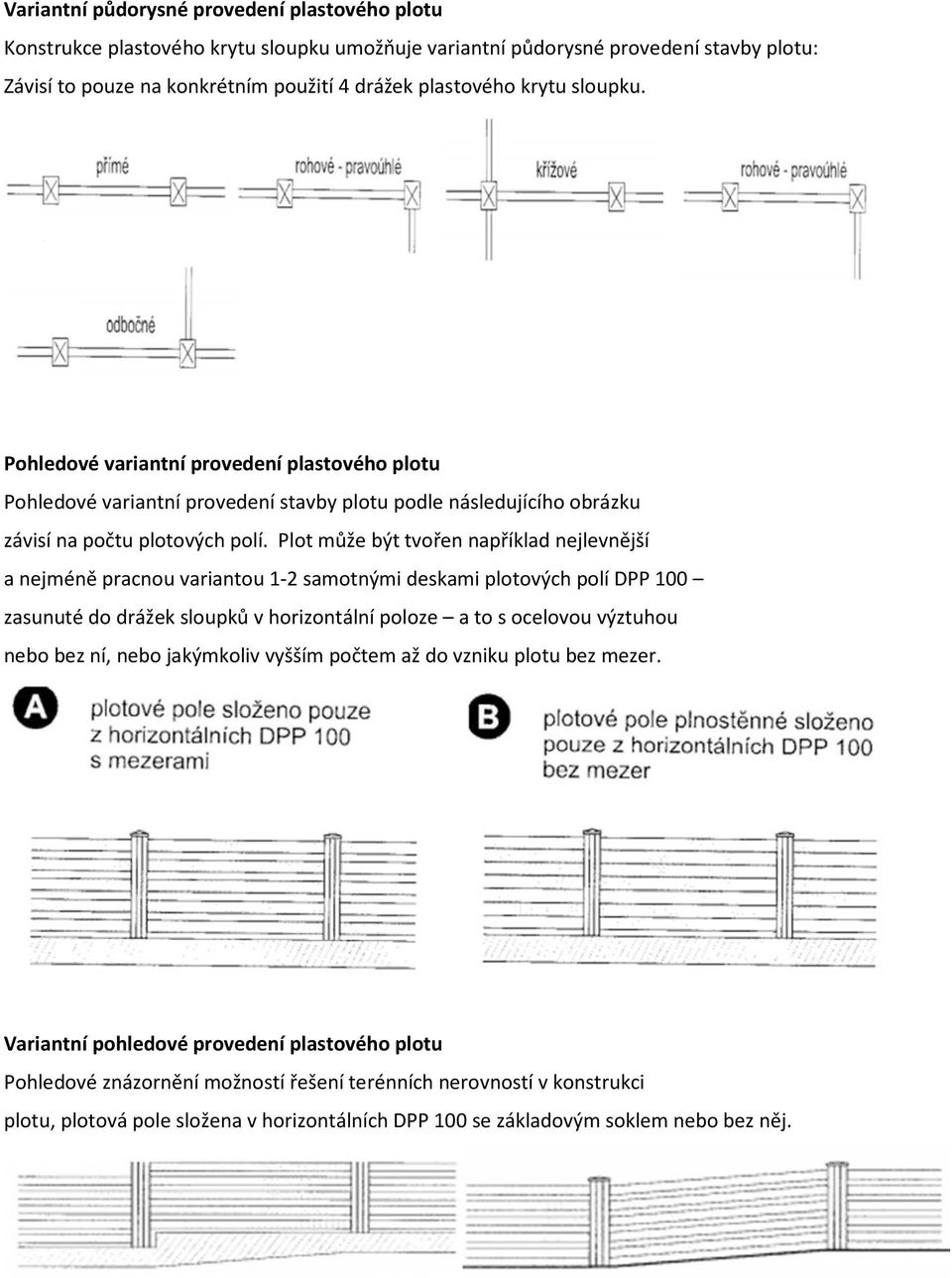 Plot může být tvořen například nejlevnější a nejméně pracnou variantou 1-2 samotnými deskami plotových polí DPP 100 zasunuté do drážek sloupků v horizontální poloze a to s ocelovou výztuhou nebo bez