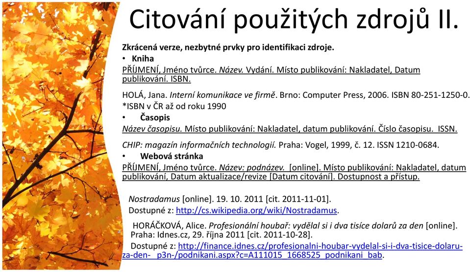 CHIP: magazín informačních technologií. Praha: Vogel, 1999, č. 12. ISSN 1210-0684. Webová stránka PŘÍJMENÍ, Jméno tvůrce. Název: podnázev. [online].