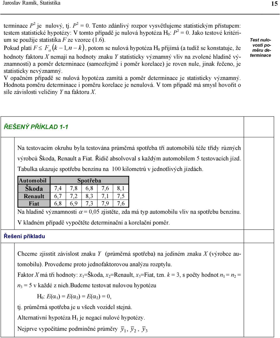 Pokud platí F Fα ( k,n k), potom se nulová hypotéza H 0 přjímá (a tudíž se konstatuje, že hodnoty faktoru X nemají na hodnoty znaku Y statstcky významný vlv na zvolené hladně významnost) a poměr