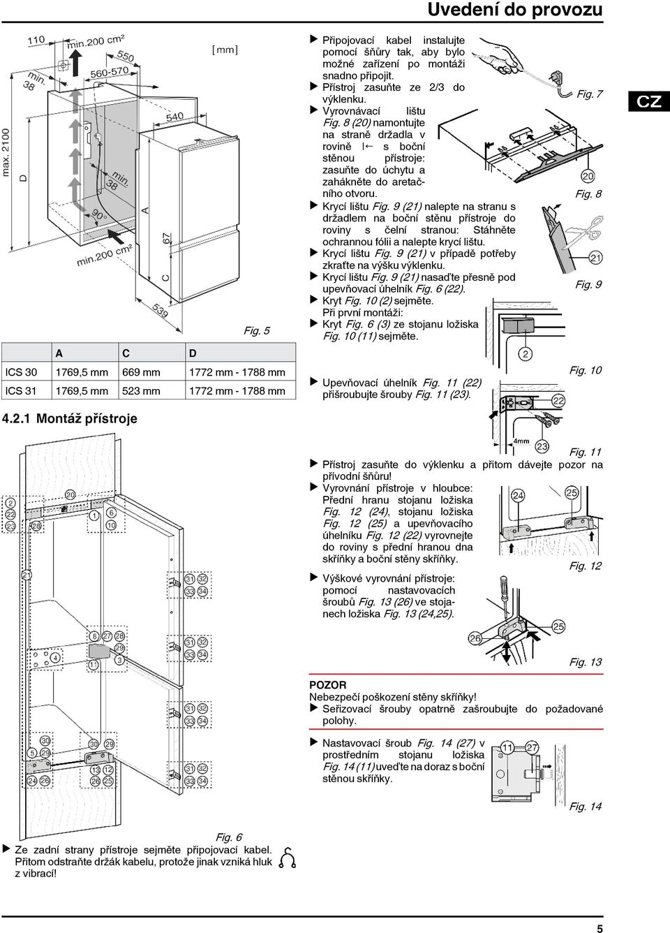 u Přístroj zasuňte ze 2/3 do výklenku. Fig. 7 u Vyrovnávací lištu Fig. 8 (20) namontujte na straně držadla v rovině s boční stěnou přístroje: zasuňte do úchytu a zahákněte do aretačního otvoru. Fig. 8 u Krycí lištu Fig.