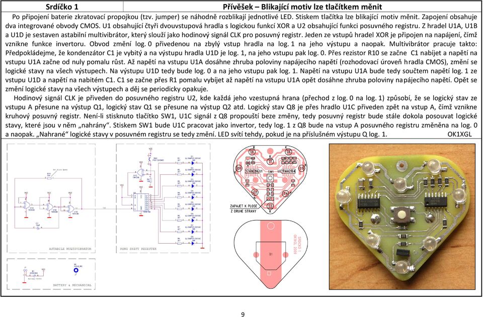 Z hradel U1A, U1B a U1D je sestaven astabilní multivibrátor, který slouží jako hodinový signál CLK pro posuvný registr.