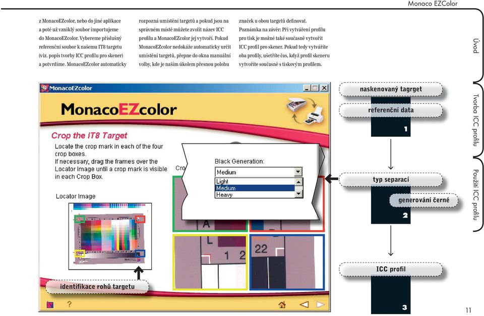 Pokud MonacoEZcolor nedokáže automaticky určit umístění targetů, přepne do okna manuální volby, kde je naším úkolem přesnou polohu značek u obou targetů definovat.