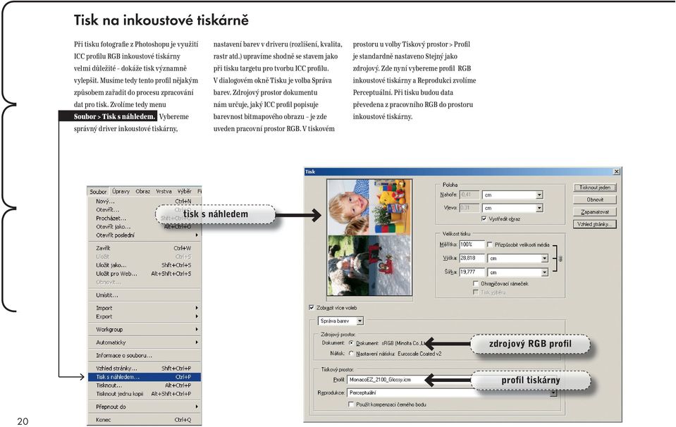 Vybereme správný driver inkoustové tiskárny, nastavení barev v driveru (rozlišení, kvalita, rastr atd.) upravíme shodně se stavem jako při tisku targetu pro tvorbu ICC profilu.