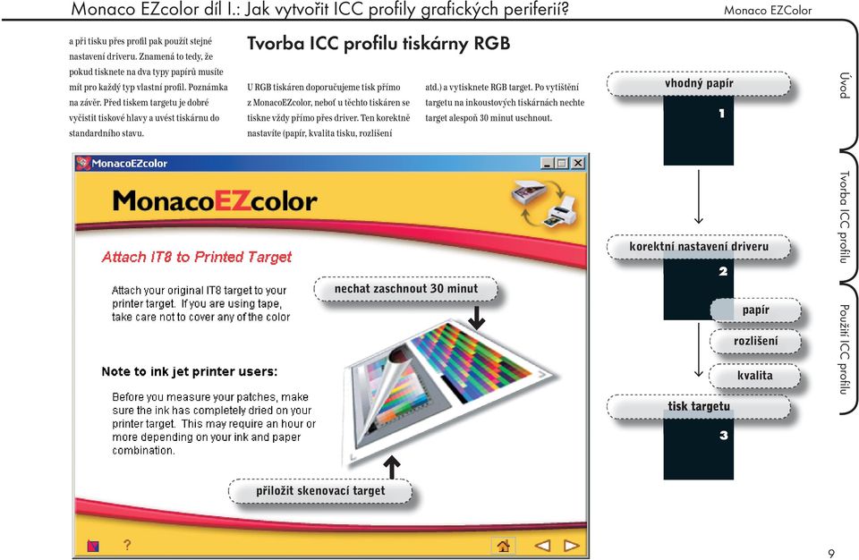 Před tiskem targetu je dobré vyčistit tiskové hlavy a uvést tiskárnu do standardního stavu. Tvorba ICC profilu tiskárny RGB U RGB tiskáren doporučujeme tisk přímo atd.) a vytisknete RGB target.