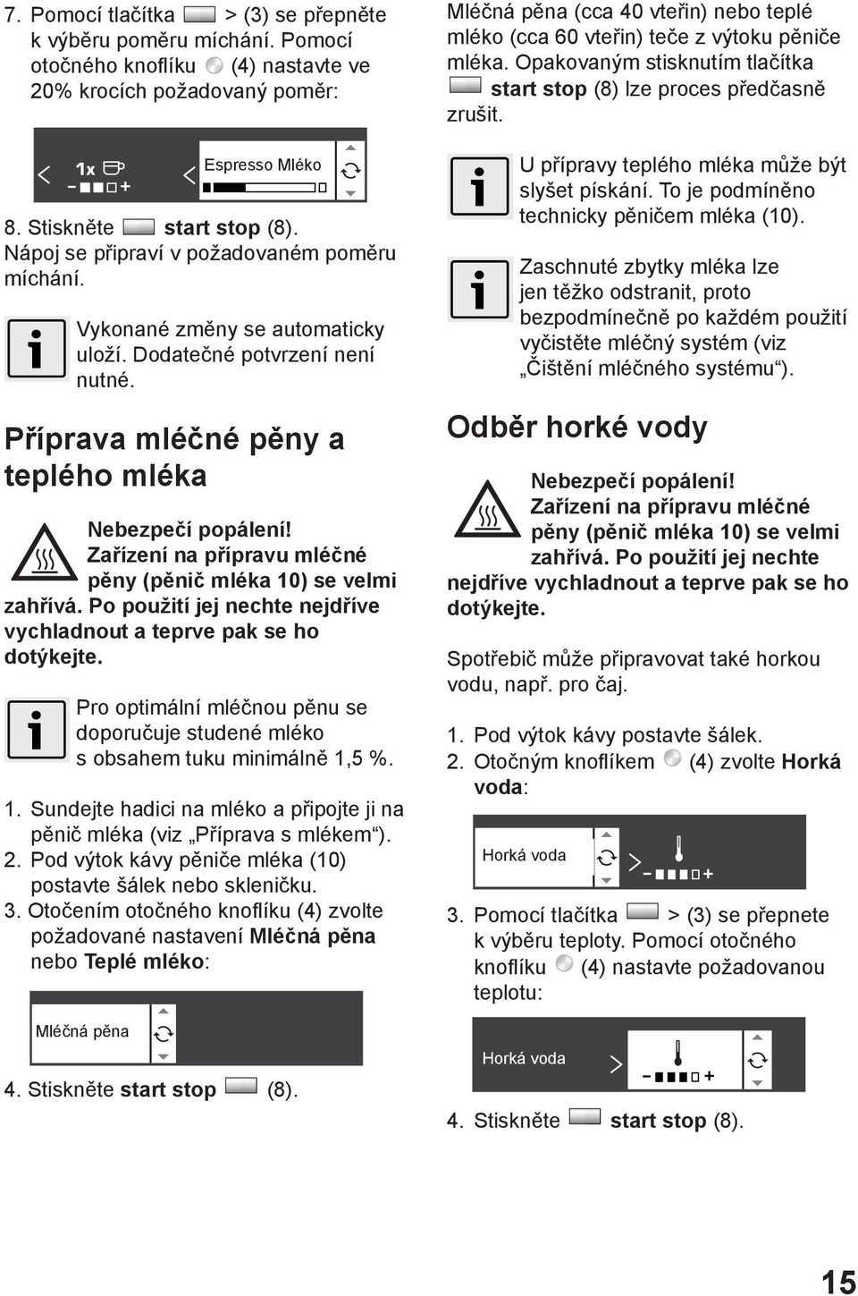 Zařízení na přípravu mléčné pěny (pěnič mléka 10) se velmi zahřívá. Po použití jej nechte nejdříve vychladnout a teprve pak se ho dotýkejte.