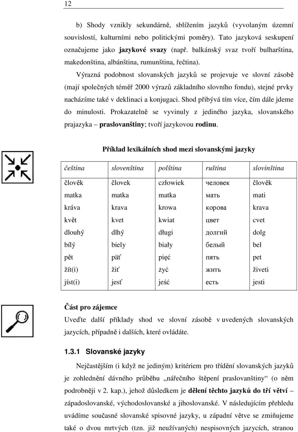 Výrazná podobnost slovanských jazyků se projevuje ve slovní zásobě (mají společných téměř 2000 výrazů základního slovního fondu), stejné prvky nacházíme také v deklinaci a konjugaci.