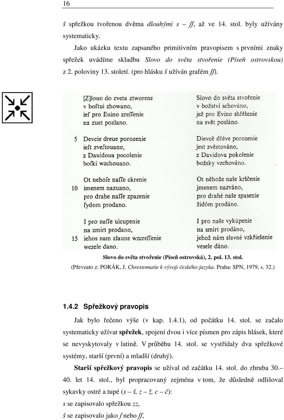 Slovo do světa stvořenie (Píseň ostrovská), 2. pol. 13. stol. (Převzato z: PORÁK, J. Chrestomatie k vývoji českého jazyka. Praha: SPN, 1979, s. 32.) 1.4.