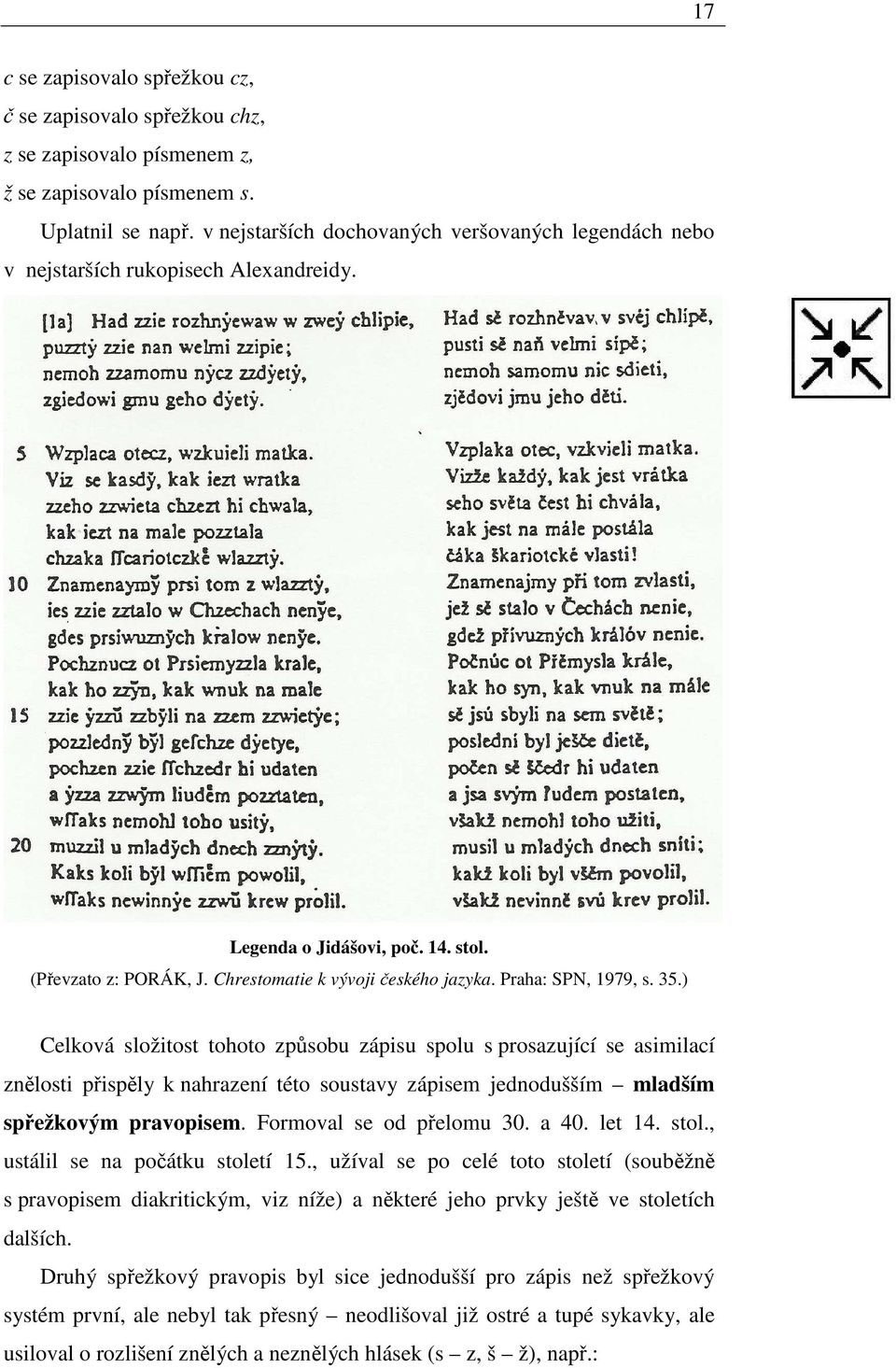 Praha: SPN, 1979, s. 35.) Celková složitost tohoto způsobu zápisu spolu s prosazující se asimilací znělosti přispěly k nahrazení této soustavy zápisem jednodušším mladším spřežkovým pravopisem.