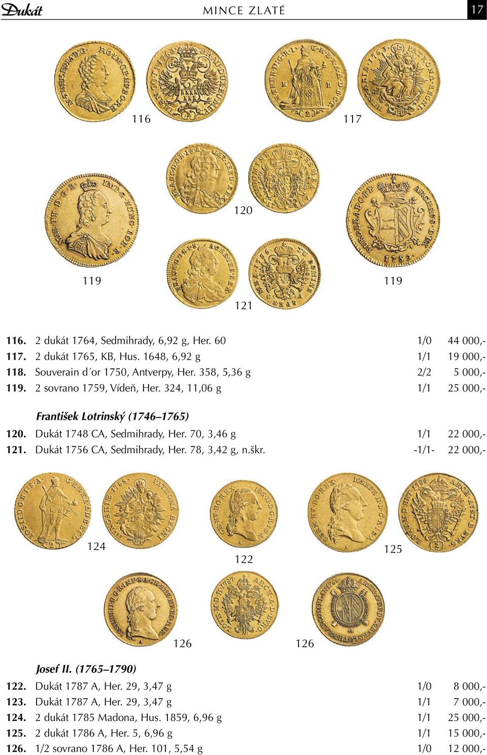 Dukát 1748 CA, Sedmihrady, Her. 70, 3,46 g 1/1 22 000,- 121. Dukát 1756 CA, Sedmihrady, Her. 78, 3,42 g, n.škr. -1/1-22 000,- 124 122 125 126 126 Josef II. (1765 1790) 122.