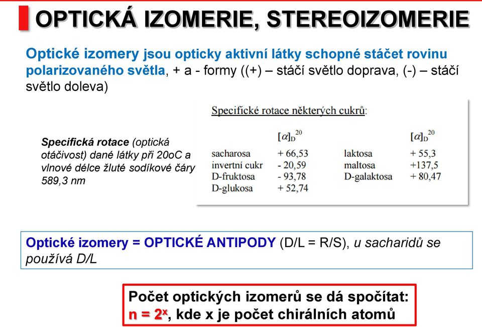 otáčivost) dané látky při 20oC a vlnové délce žluté sodíkové čáry 589,3 nm ptické izomery = PTICKÉ ANTIPDY