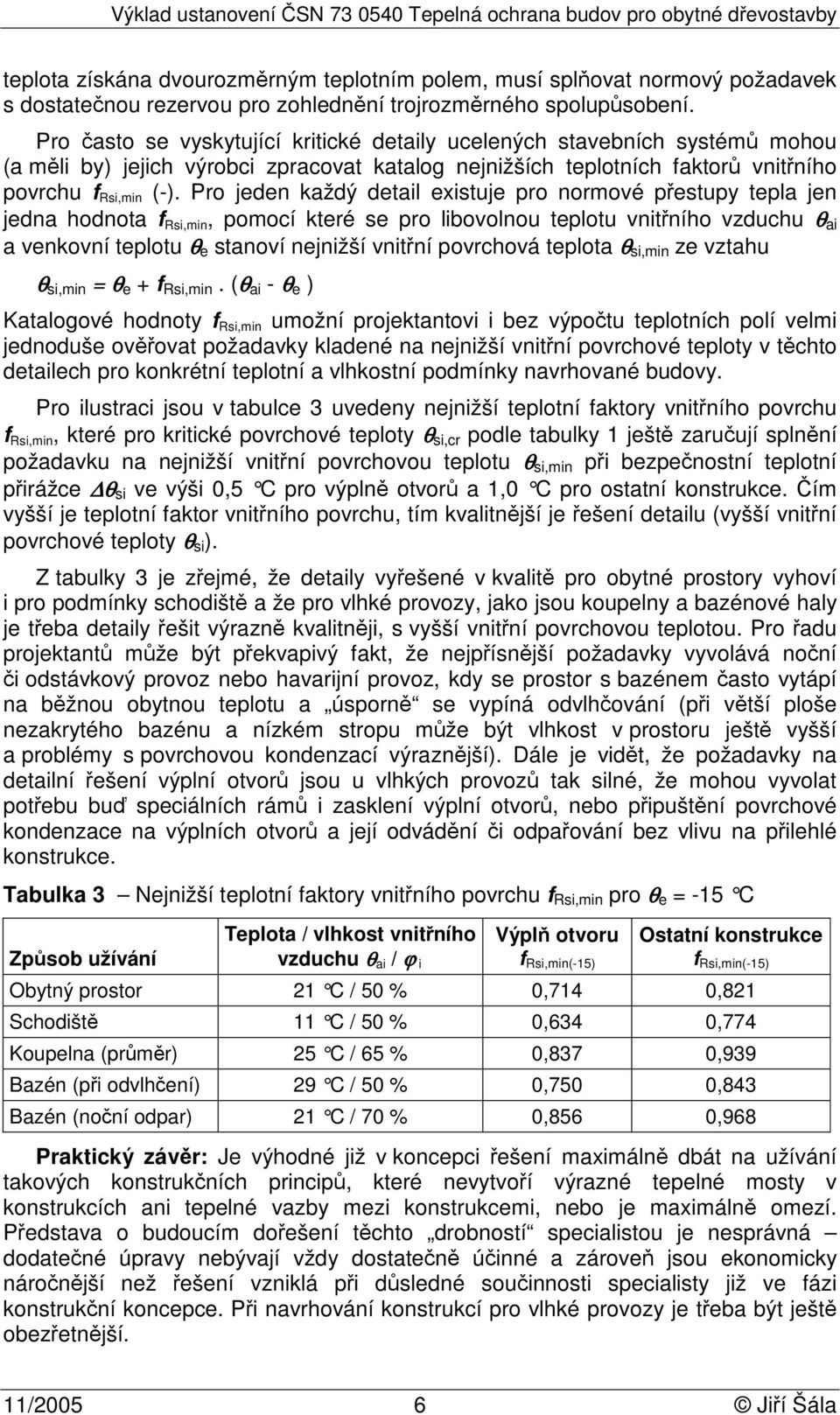 Pro jeden každý detail existuje pro normové přestupy tepla jen jedna hodnota f Rsi,min, pomocí které se pro libovolnou teplotu vnitřního vzduchu θ ai a venkovní teplotu θ e stanoví nejnižší vnitřní