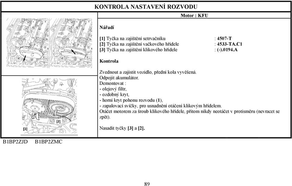 Demontovat : - olejový filtr, - ozdobný kryt, - horní kryt pohonu rozvodu (1), - zapalovací svíčky, pro usnadnění otáčení klikovým hřídelem.