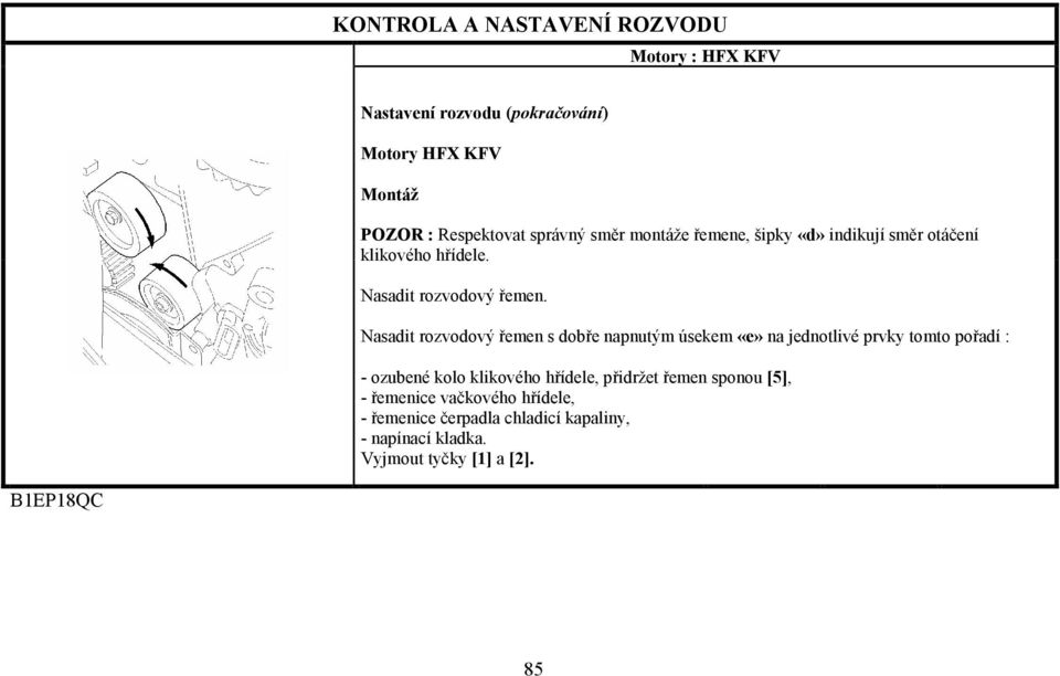 Nasadit rozvodový řemen s dobře napnutým úsekem «e» na jednotlivé prvky tomto pořadí : - ozubené kolo klikového